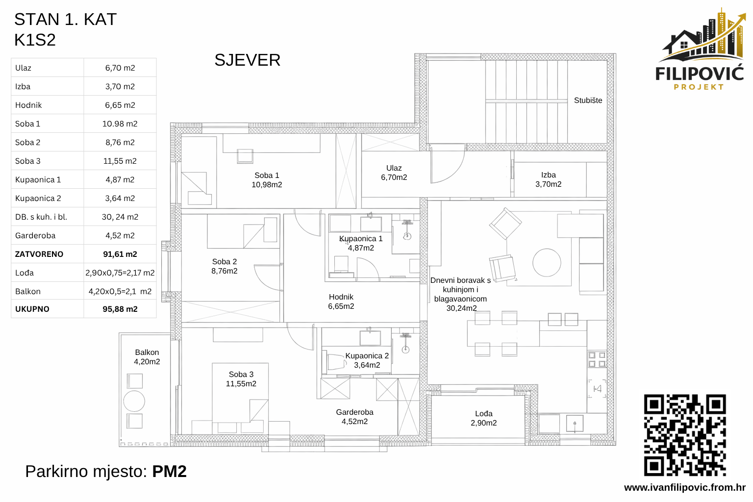 Tlocrt stana K1S2 na 1. katu u novogradnji Savska 79 Residence, Jelkovec Sesvete