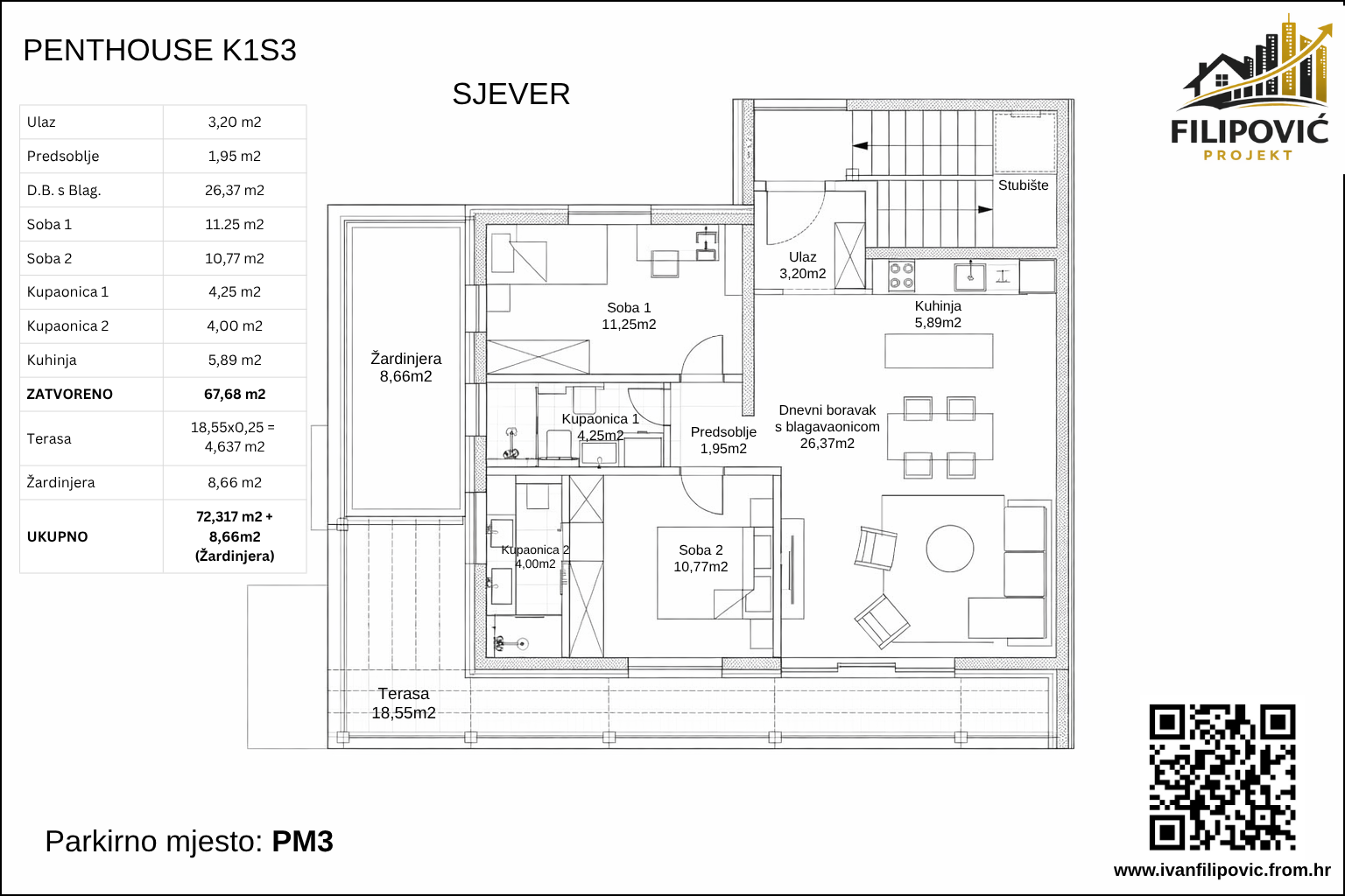 Tlocrt penthouse stana K1S3 u novogradnji Savska 79 Residence, Jelkovec Sesvete