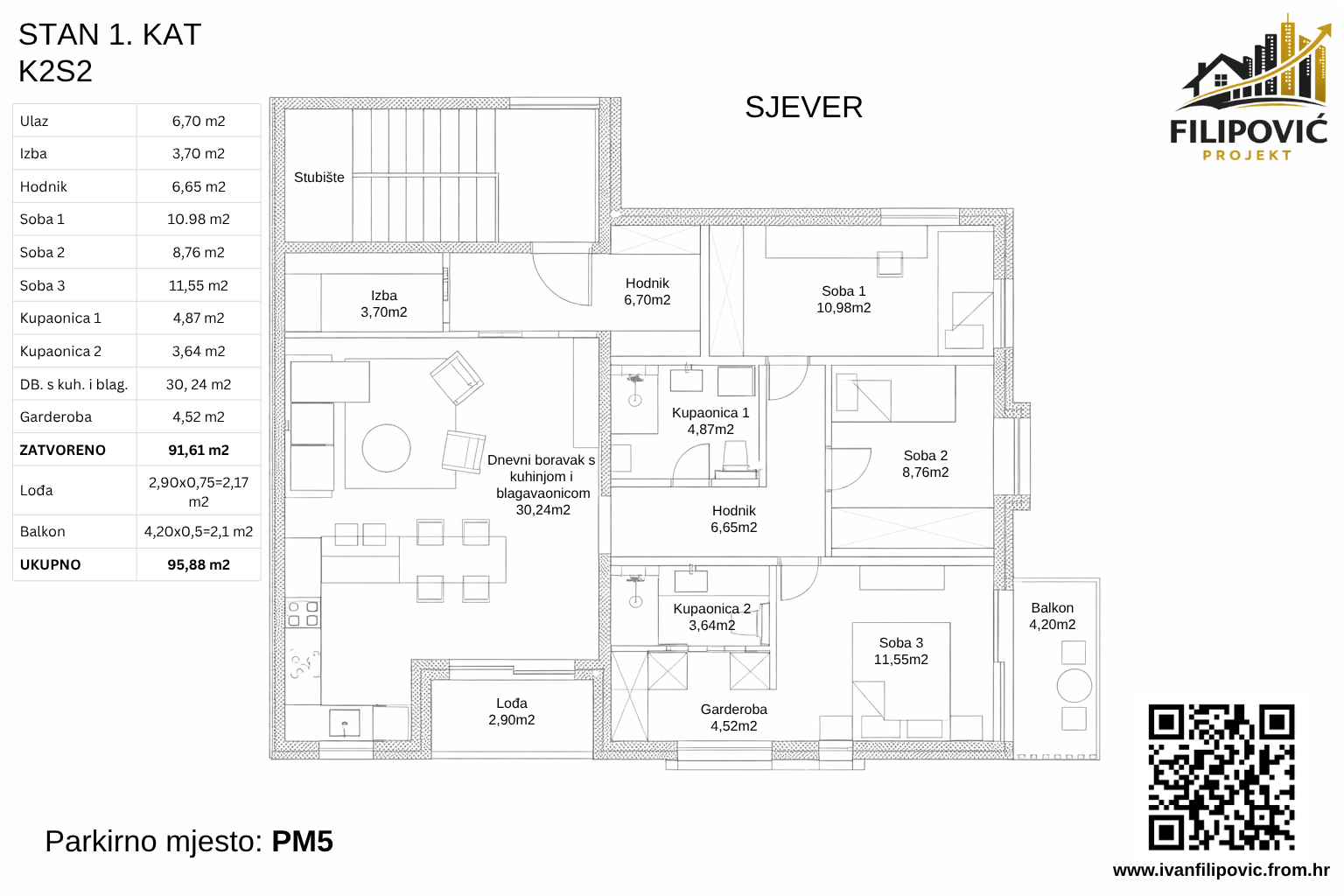 Tlocrt stana K2S2 na 1. katu u novogradnji Savska 79 Residence, Jelkovec Sesvete