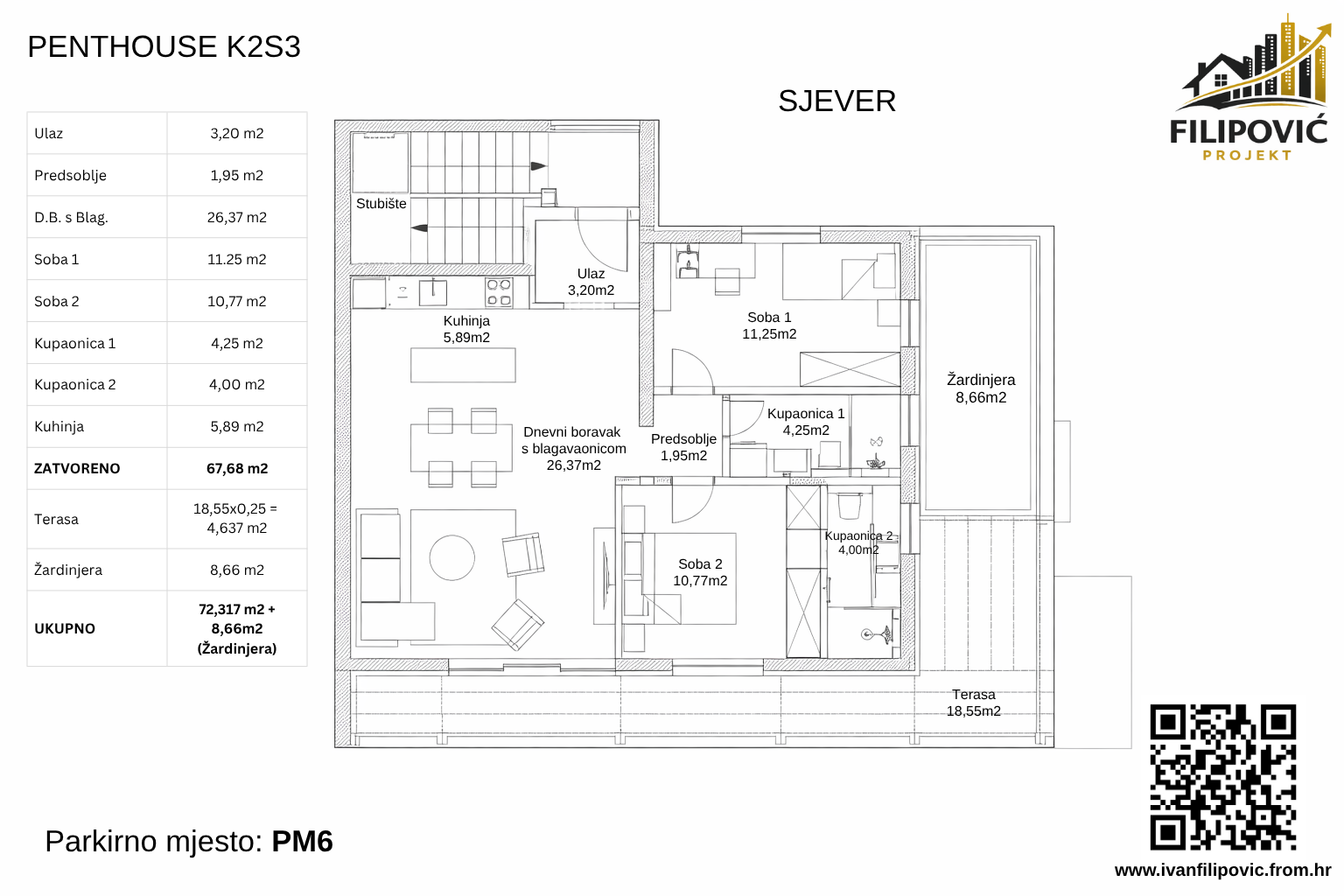 Tlocrt penthouse stana K2S3 u novogradnji Savska 79 Residence, Jelkovec Sesvete